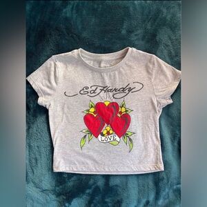 Ed Hardy Gray Tee with Red and Green Heart Design